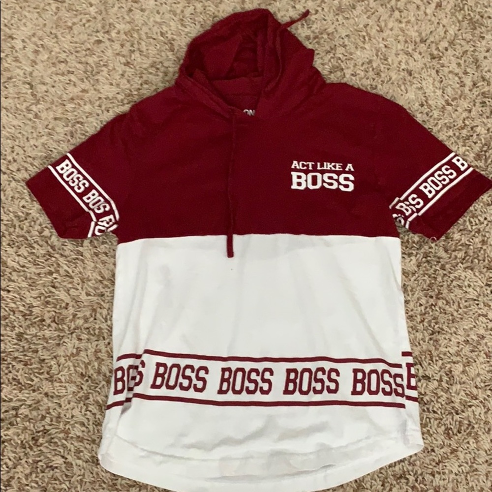 Burgundy BOSS tee with hood
